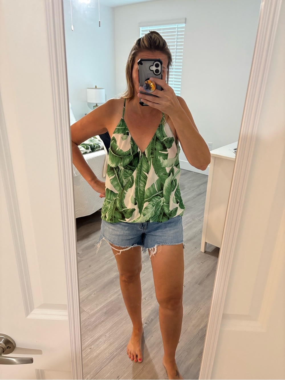 Lush Green Tropical Leaf V-Neck Cami
